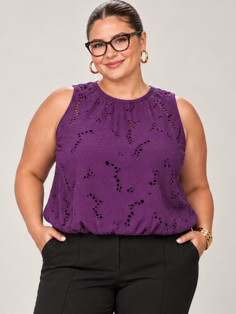 AdditionElle Plus Size 4x: Eyelet Sleeveless Blouson Top in Purple